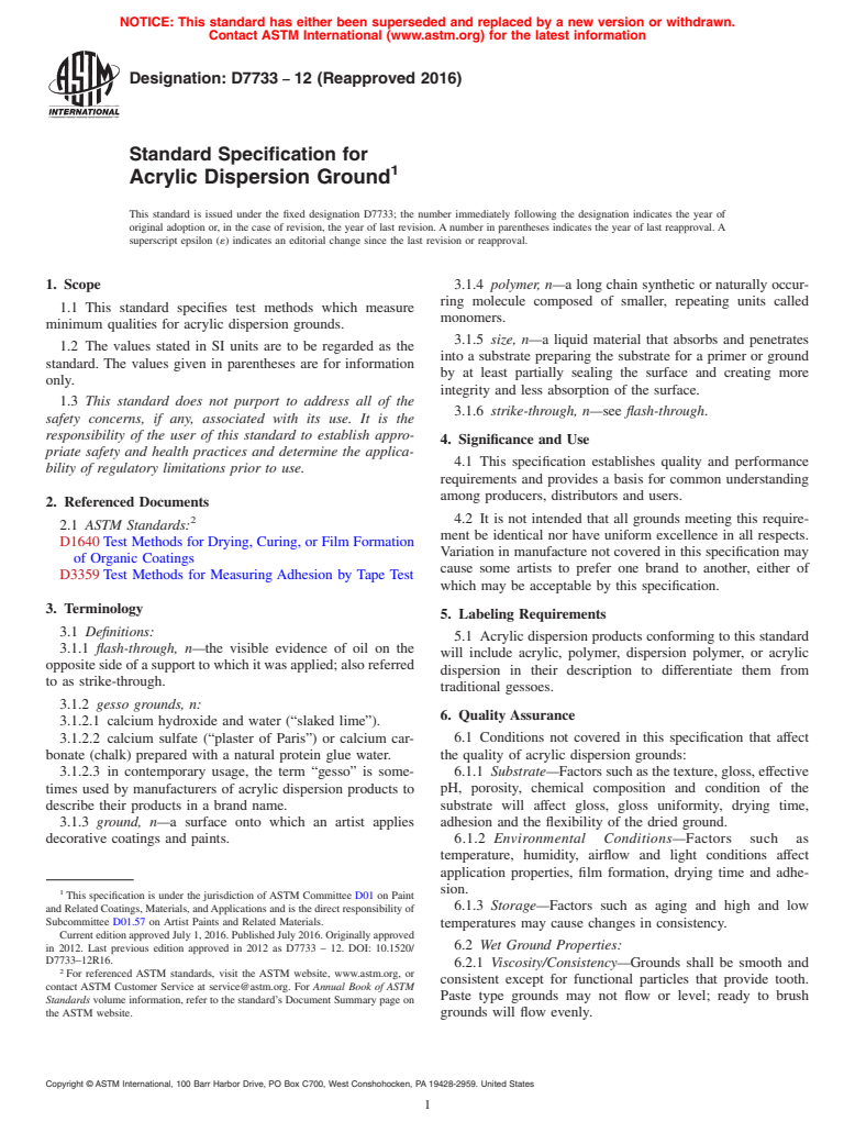 ASTM D7733-12(2016) - Standard Specification for Acrylic Dispersion Ground