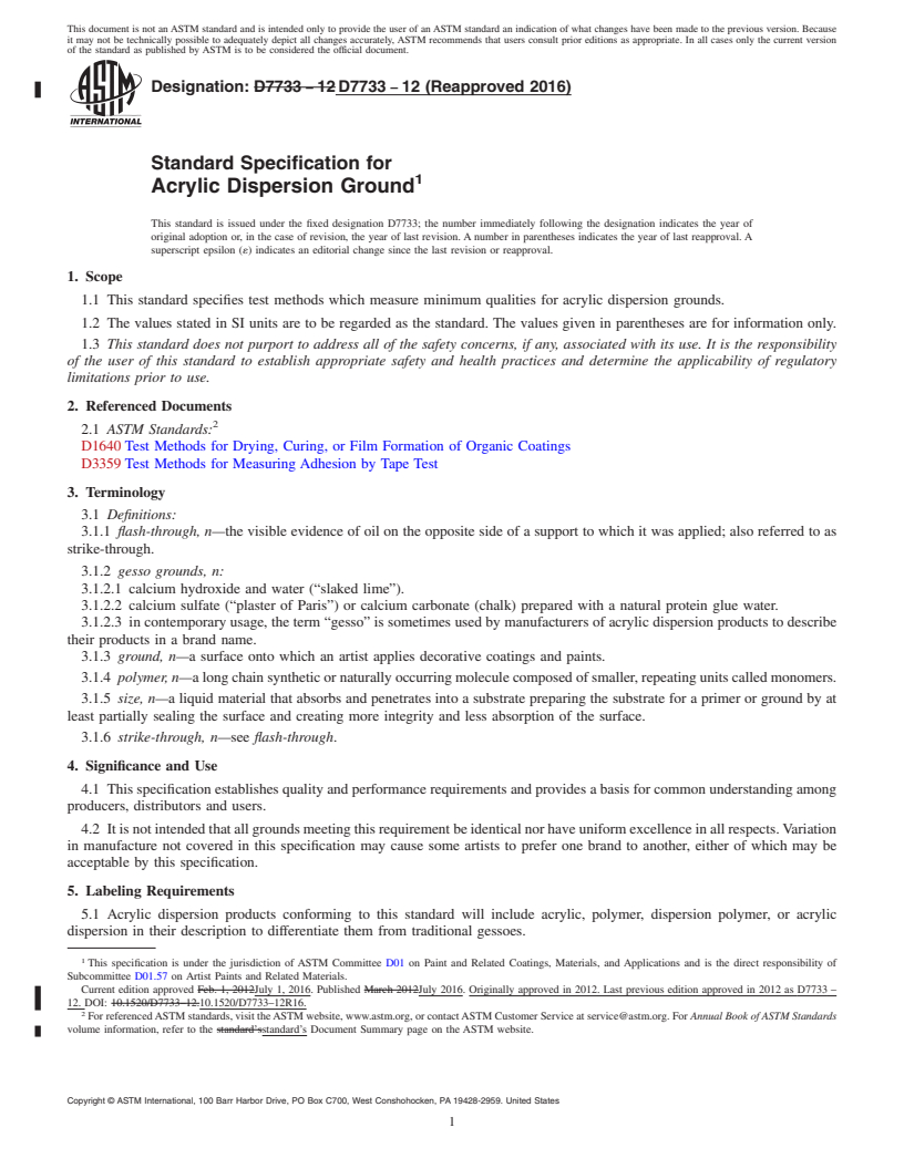 REDLINE ASTM D7733-12(2016) - Standard Specification for Acrylic Dispersion Ground