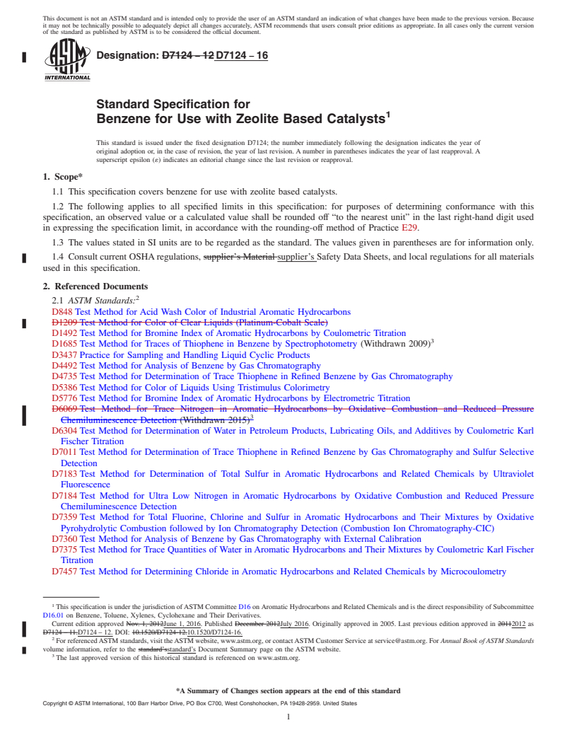REDLINE ASTM D7124-16 - Standard Specification for  Benzene for Use with Zeolite Based Catalysts