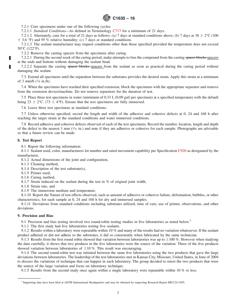 REDLINE ASTM C1635-16 - Standard Test Method to  Evaluate Adhesion/Cohesion Properties of a Sealant at Fixed  Extension