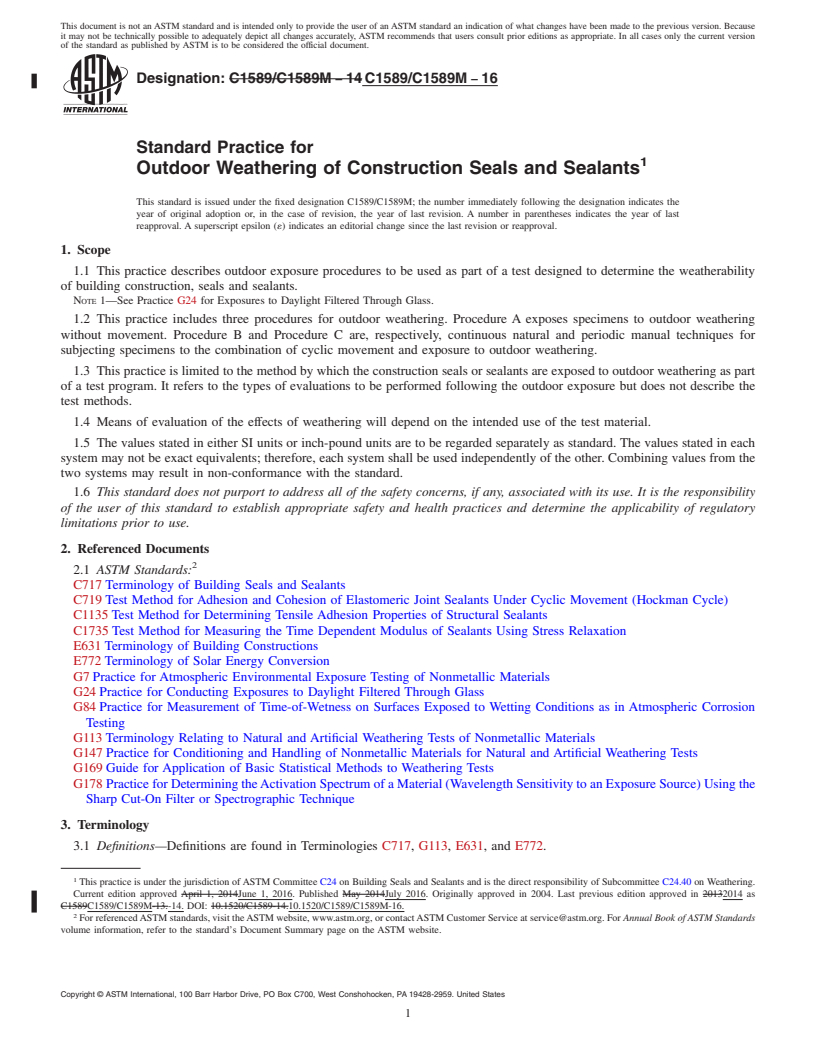 REDLINE ASTM C1589/C1589M-16 - Standard Practice for Outdoor Weathering of Construction Seals and Sealants