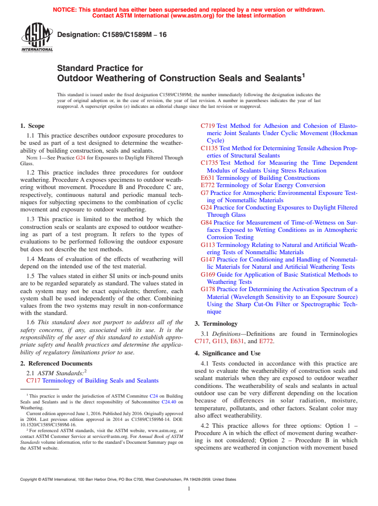 ASTM C1589/C1589M-16 - Standard Practice for Outdoor Weathering of Construction Seals and Sealants