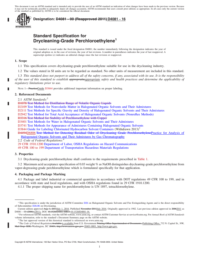 REDLINE ASTM D4081-16 - Standard Specification for Drycleaning-Grade Perchloroethylene