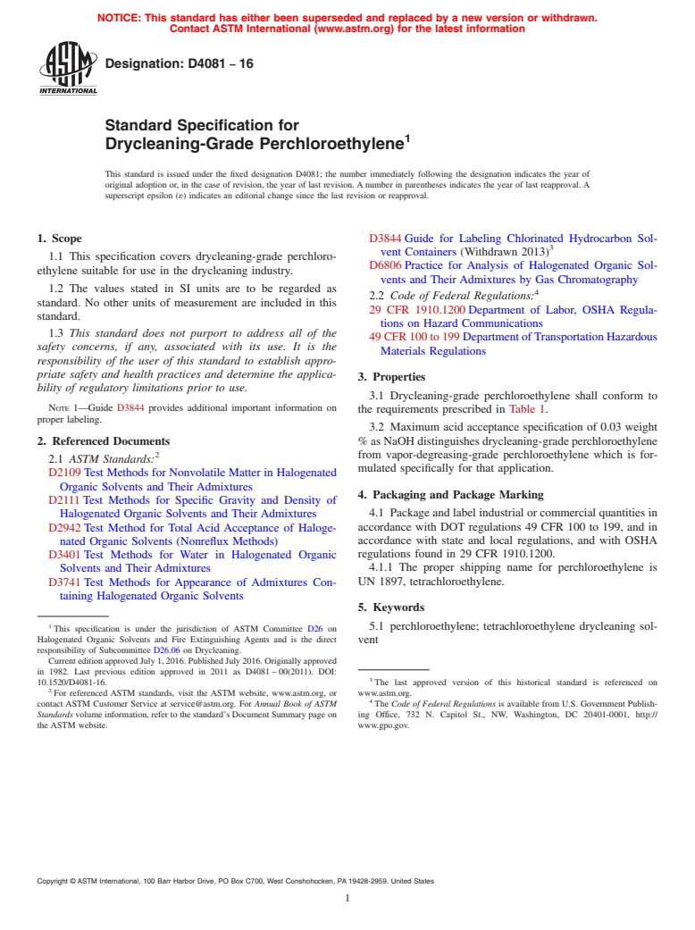 ASTM D4081-16 - Standard Specification for Drycleaning-Grade Perchloroethylene