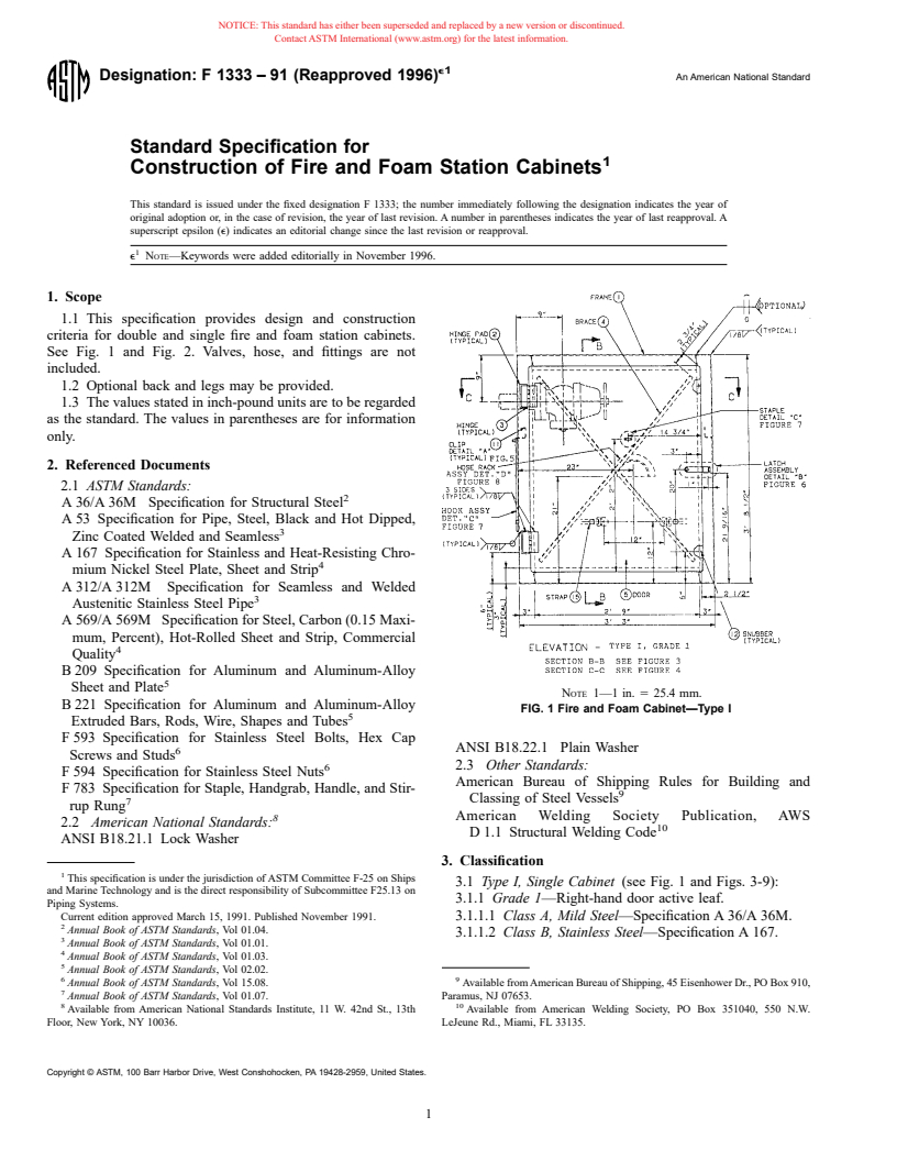 ASTM F1333-91(1996)e1 - Standard Specification for Construction of Fire and Foam Station Cabinets