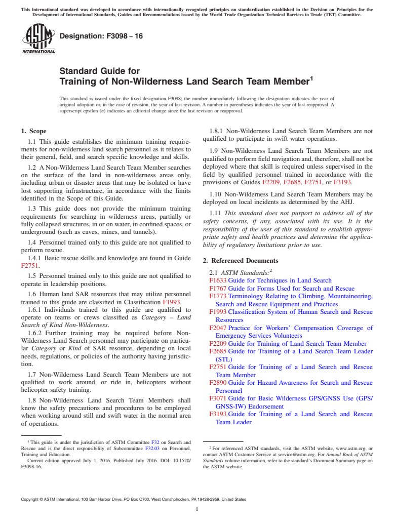 ASTM F3098-16 - Standard Guide for Training of Non-Wilderness Land Search Team Member