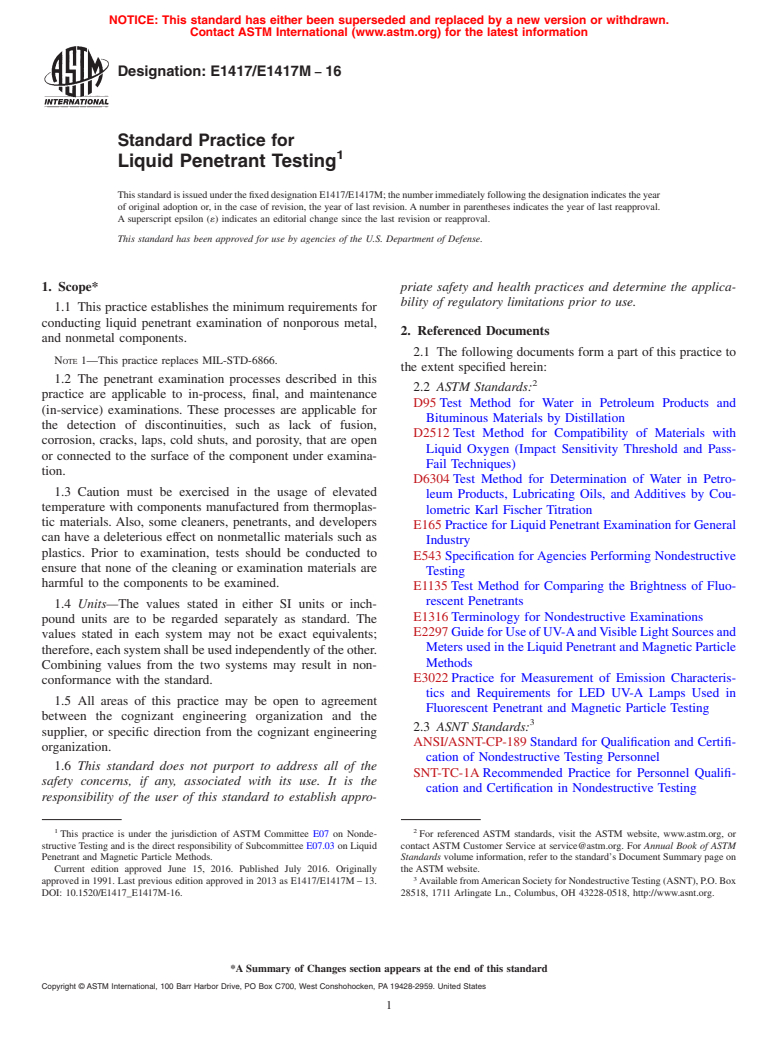 ASTM E1417/E1417M-16 - Standard Practice for  Liquid Penetrant Testing