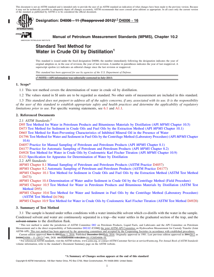 REDLINE ASTM D4006-16 - Standard Test Method for Water in Crude Oil by Distillation