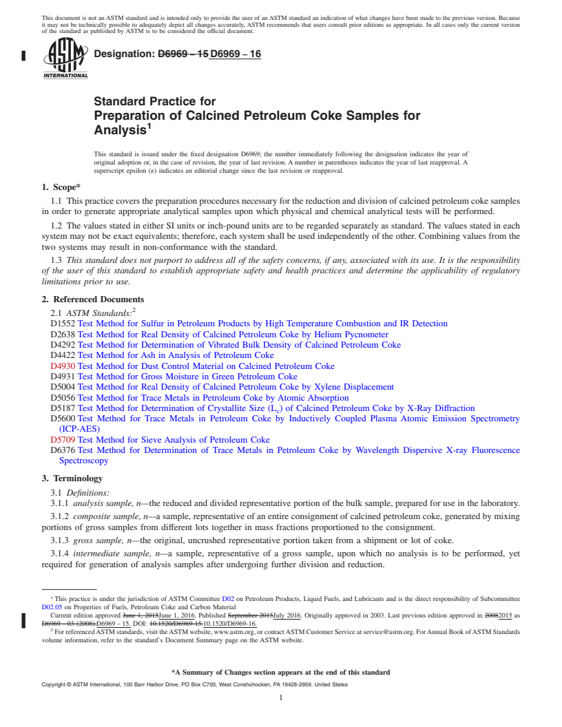 REDLINE ASTM D6969-16 - Standard Practice for  Preparation of Calcined Petroleum Coke Samples for Analysis
