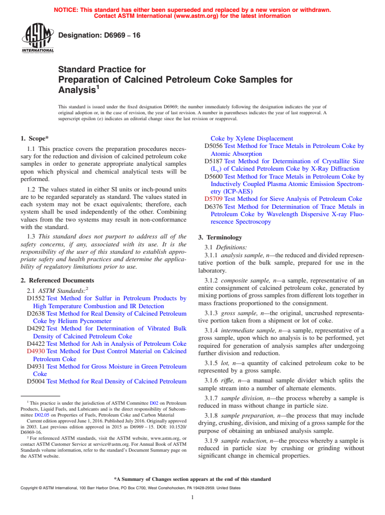 ASTM D6969-16 - Standard Practice for  Preparation of Calcined Petroleum Coke Samples for Analysis
