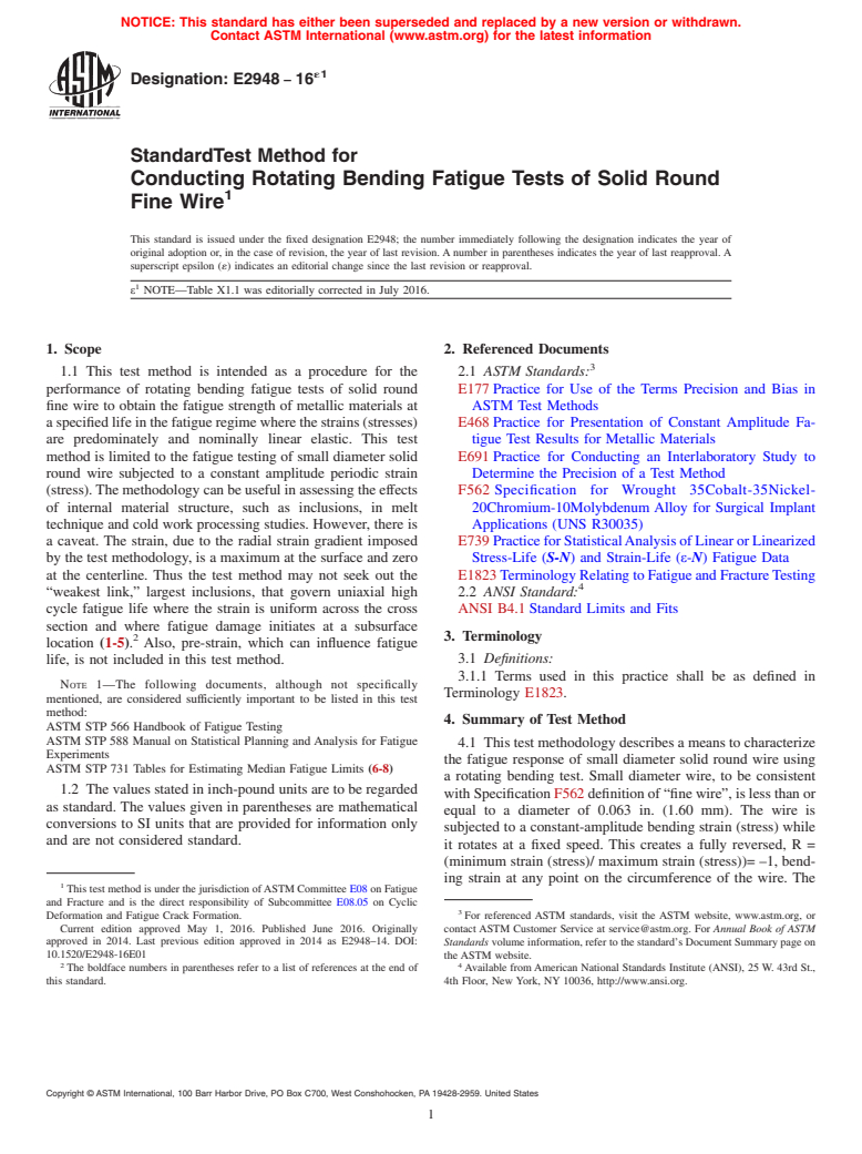 ASTM E2948-16e1 - Standard Test Method for Conducting Rotating Bending Fatigue Tests of Solid Round Fine  Wire