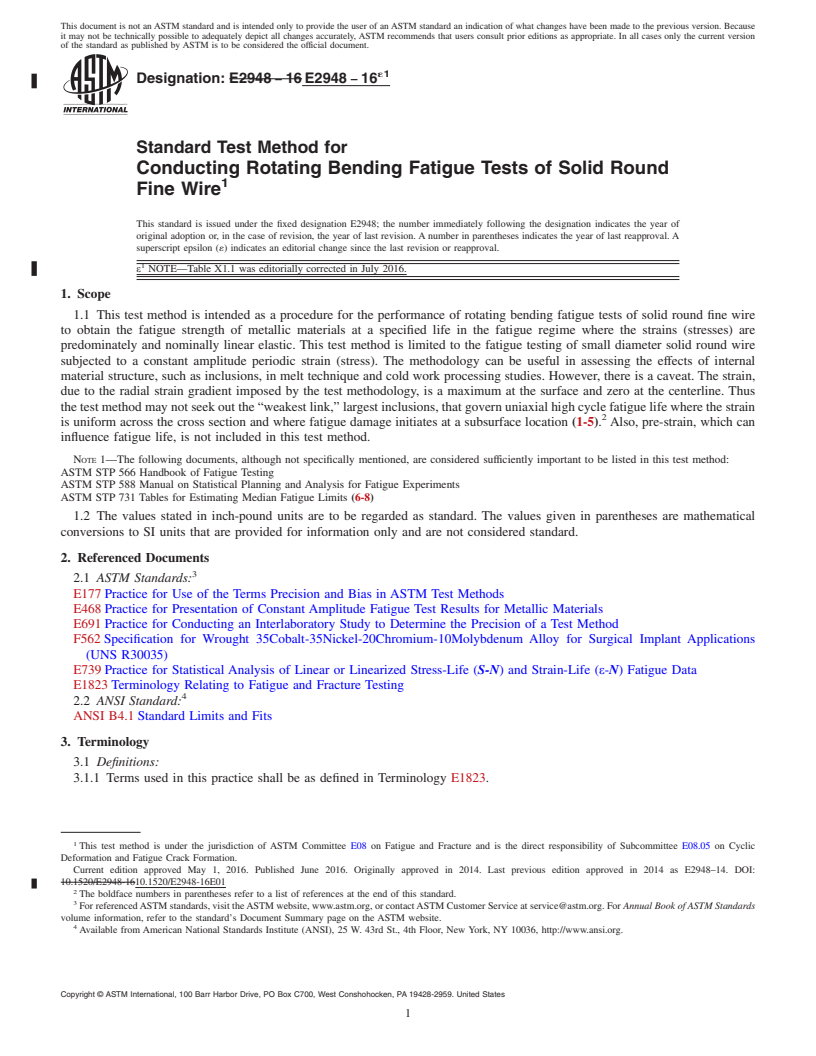 REDLINE ASTM E2948-16e1 - Standard Test Method for Conducting Rotating Bending Fatigue Tests of Solid Round Fine  Wire