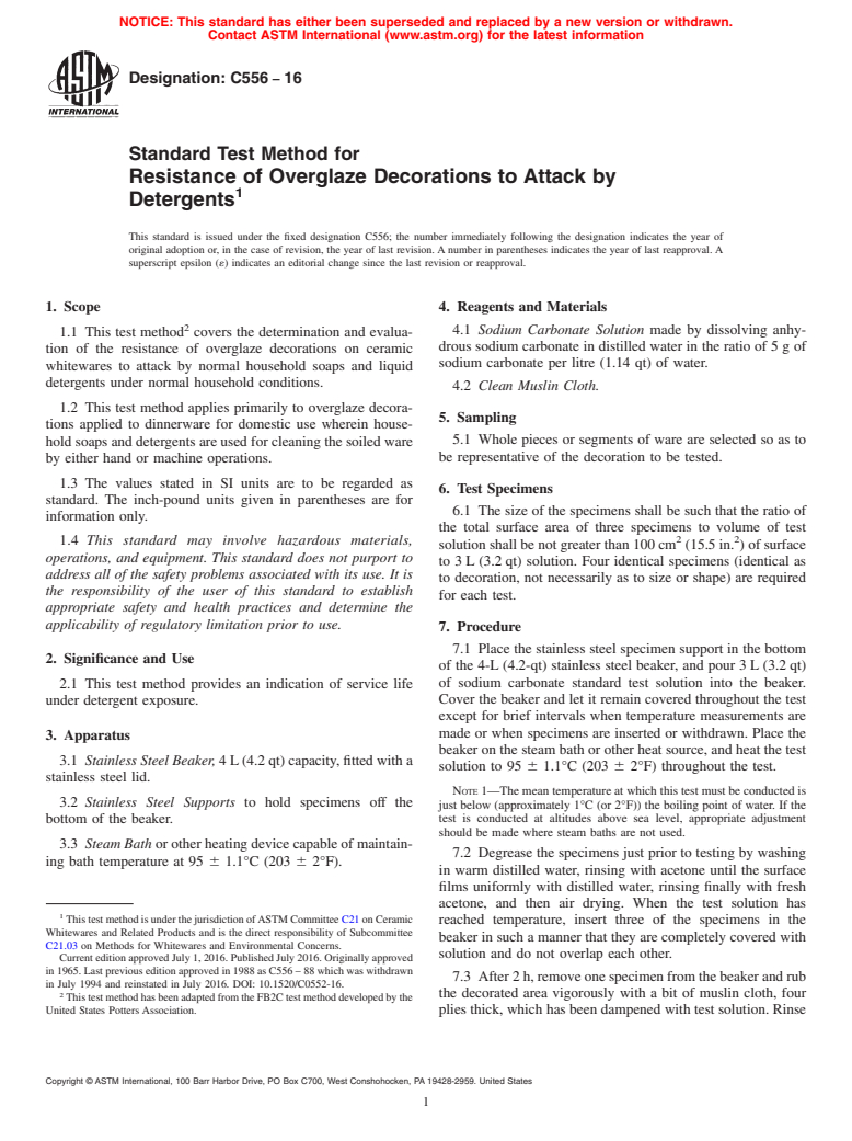 ASTM C556-16 - Standard Test Method for  Resistance of Overglaze Decorations to Attack by Detergents