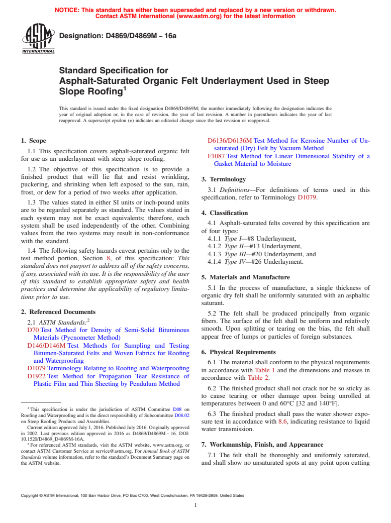 ASTM D4869/D4869M-16a - Standard Specification for  Asphalt-Saturated Organic Felt Underlayment Used in Steep Slope   Roofing