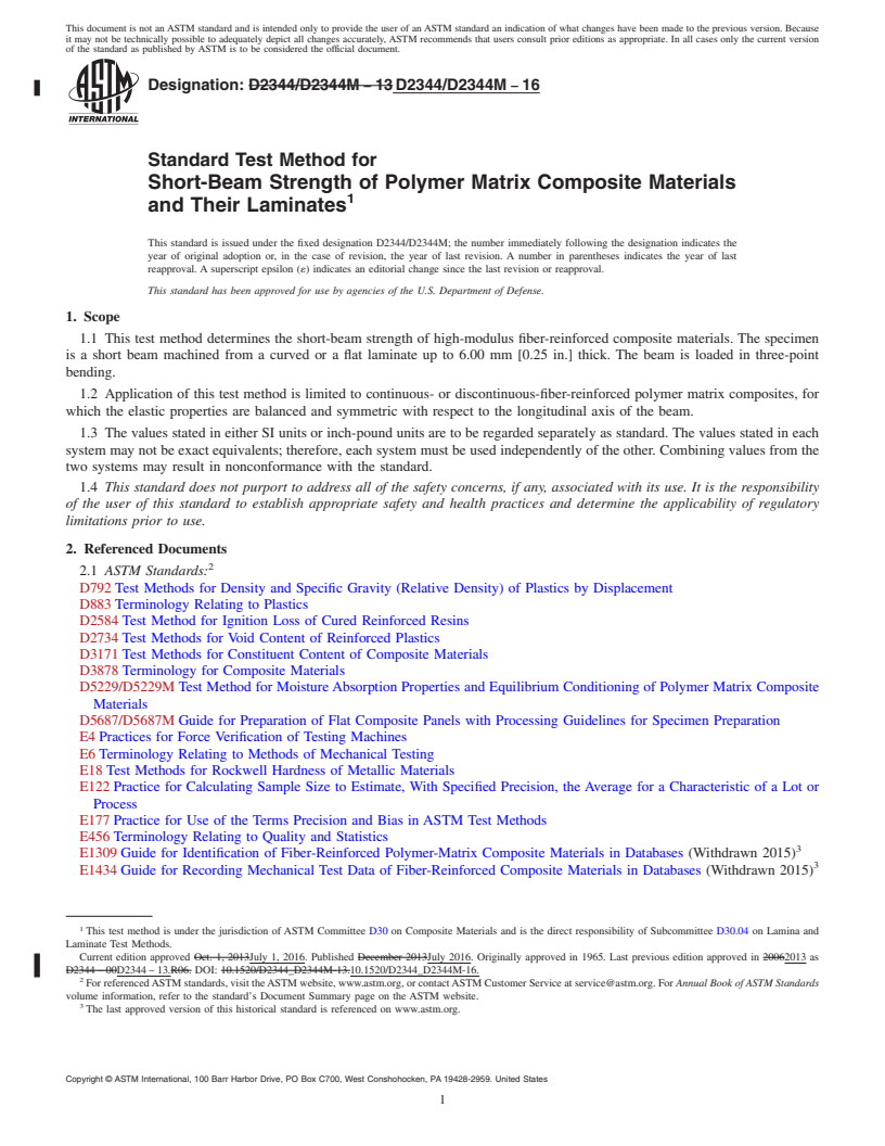 REDLINE ASTM D2344/D2344M-16 - Standard Test Method for  Short-Beam Strength of Polymer Matrix Composite Materials and  Their Laminates