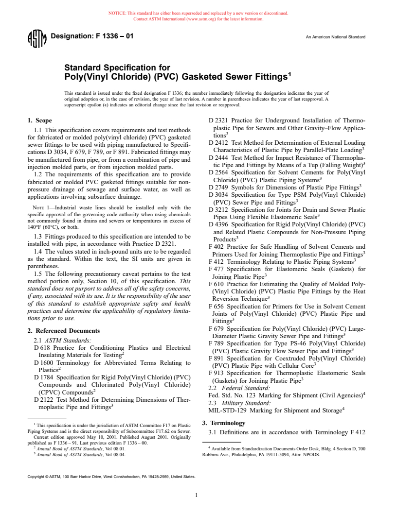 ASTM F1336-01 - Standard Specification for Poly(Vinyl Chloride) (PVC) Gasketed Sewer Fittings