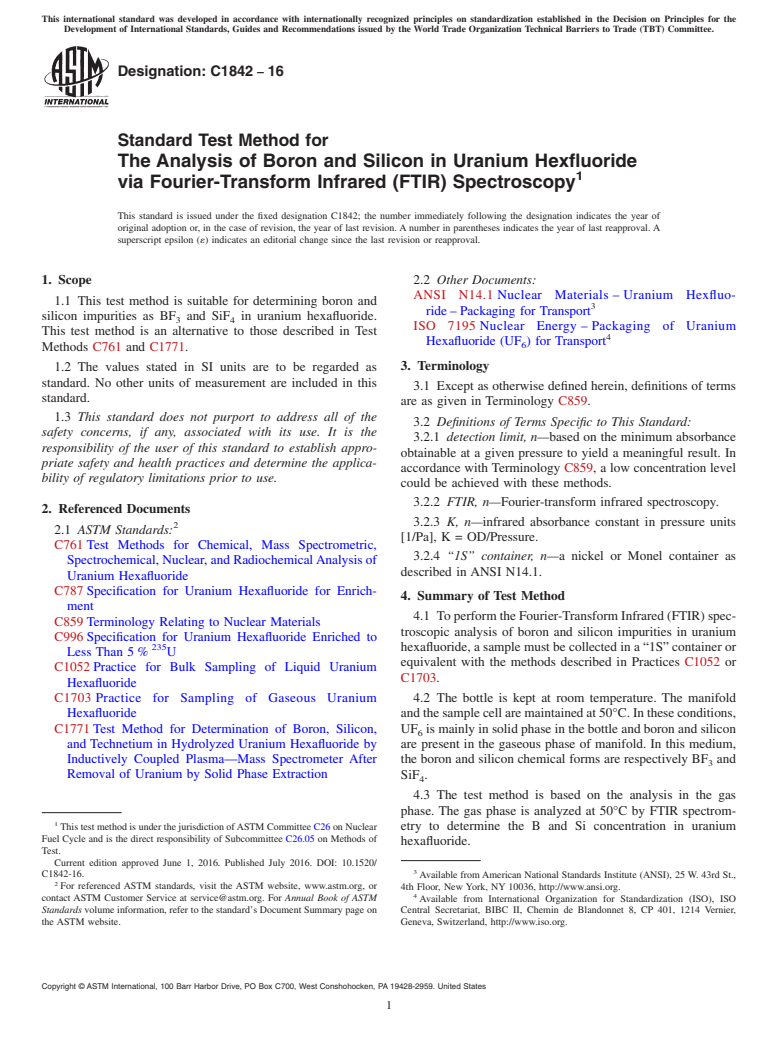 ASTM C1842-16 - Standard Test Method for The Analysis of Boron and Silicon in Uranium Hexfluoride via  Fourier-Transform Infrared (FTIR) Spectroscopy