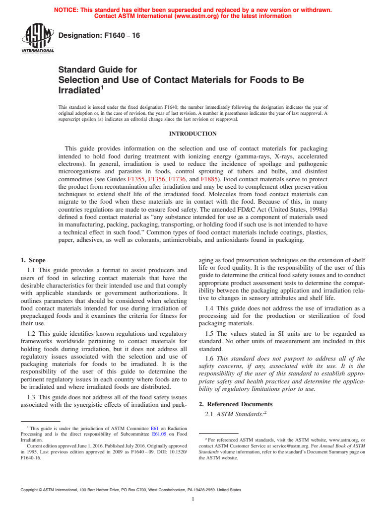 ASTM F1640-16 - Standard Guide for  Selection and Use of Contact Materials for Foods to Be Irradiated