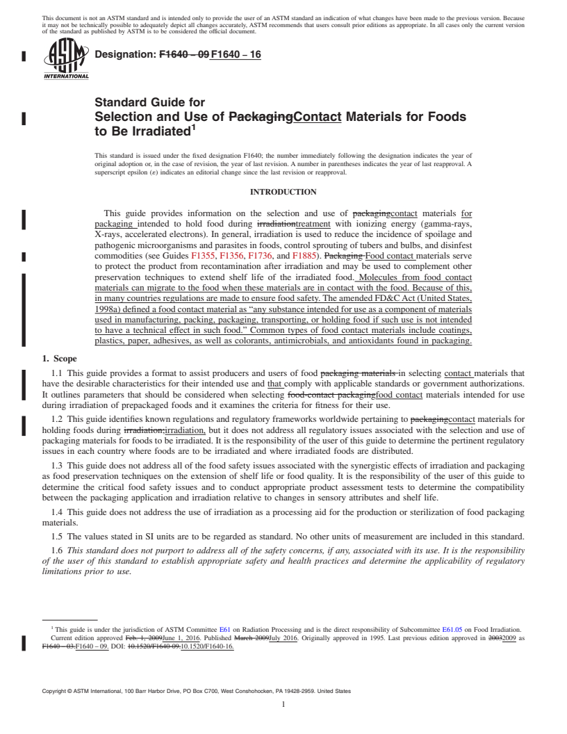 REDLINE ASTM F1640-16 - Standard Guide for  Selection and Use of Contact Materials for Foods to Be Irradiated