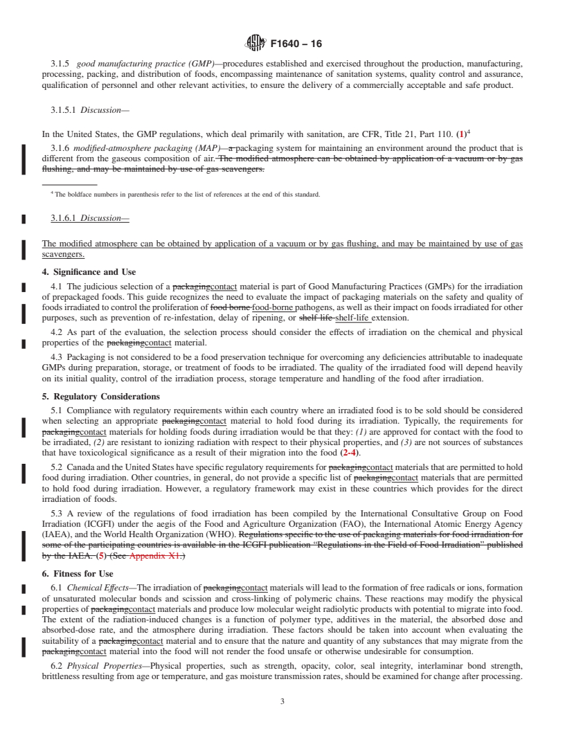 REDLINE ASTM F1640-16 - Standard Guide for  Selection and Use of Contact Materials for Foods to Be Irradiated