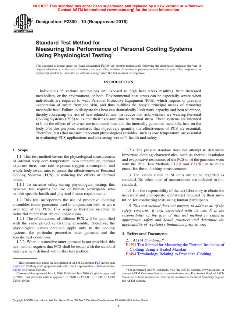 ASTM F2300-10(2016) - Standard Test Method for  Measuring the Performance of Personal Cooling Systems Using  Physiological Testing