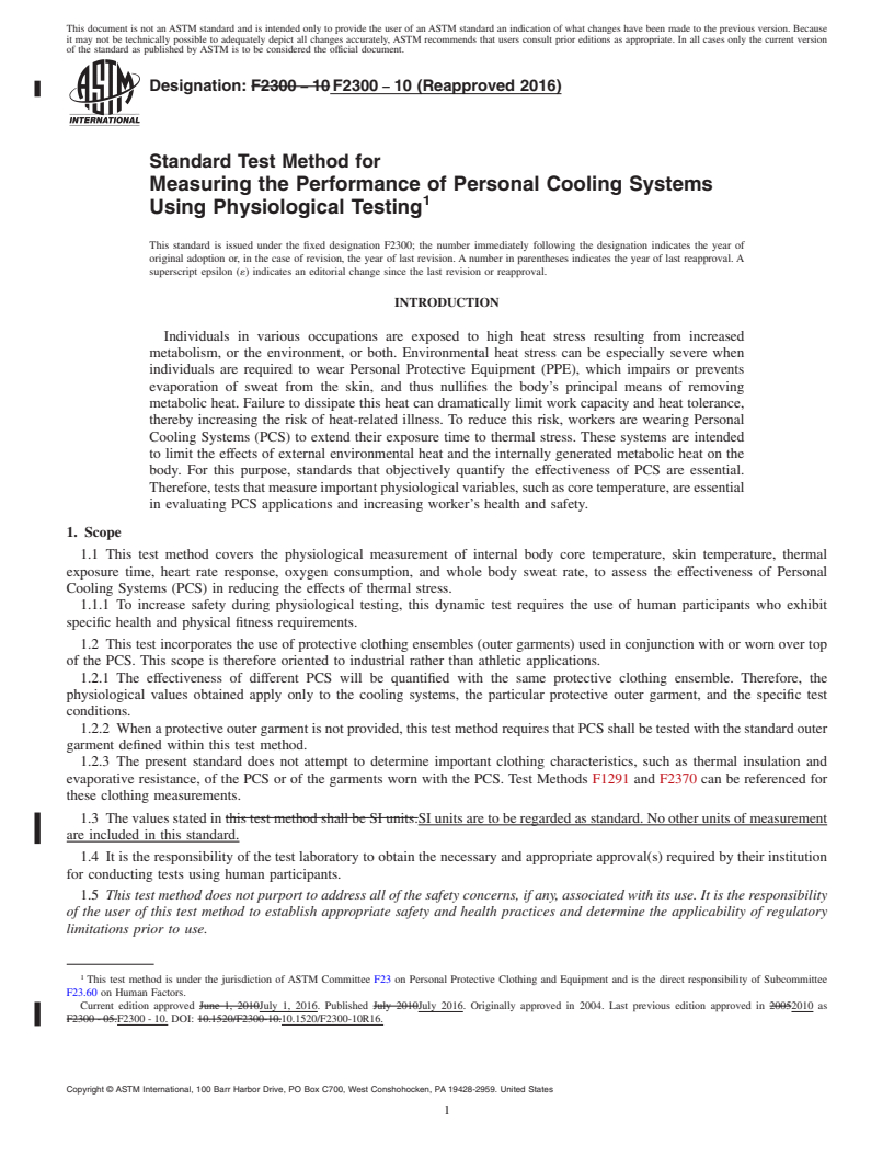 REDLINE ASTM F2300-10(2016) - Standard Test Method for  Measuring the Performance of Personal Cooling Systems Using  Physiological Testing