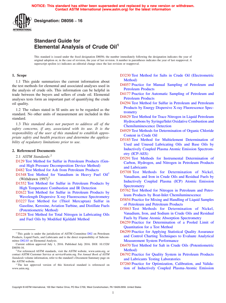 ASTM D8056-16 - Standard Guide for Elemental Analysis of Crude Oil