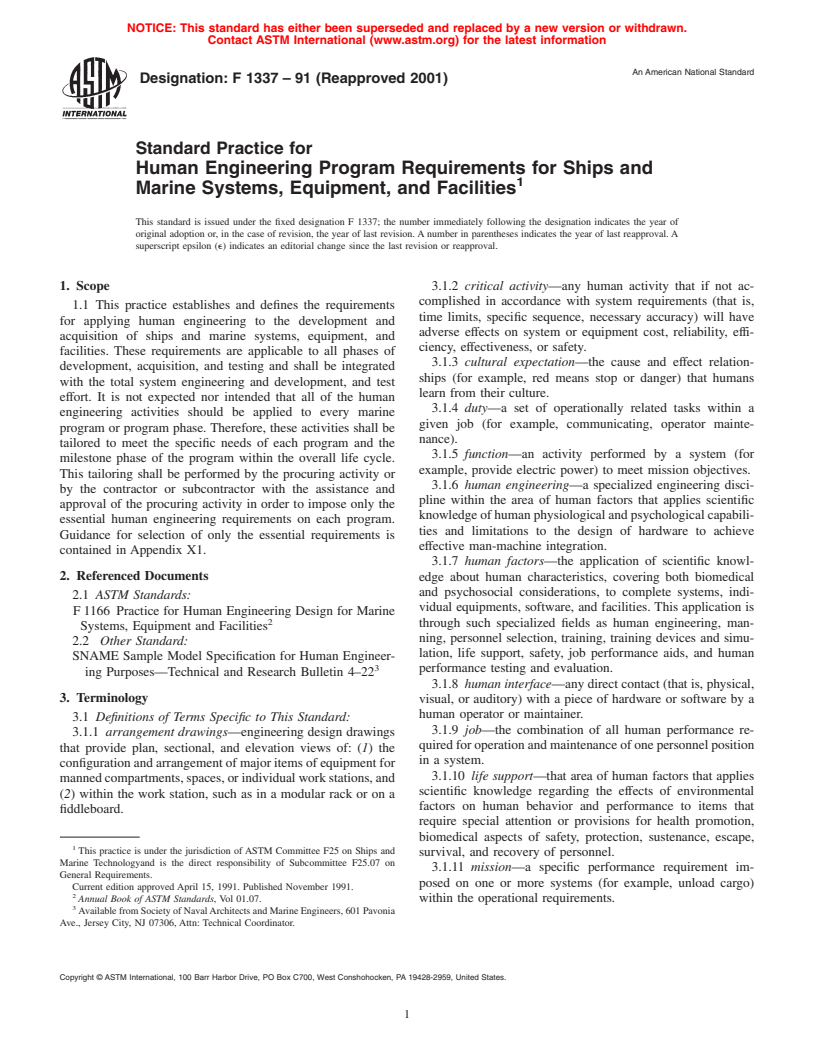 ASTM F1337-91(2001) - Standard Practice for Human Engineering Program Requirements for Ships and Marine Systems, Equipment, and Facilities