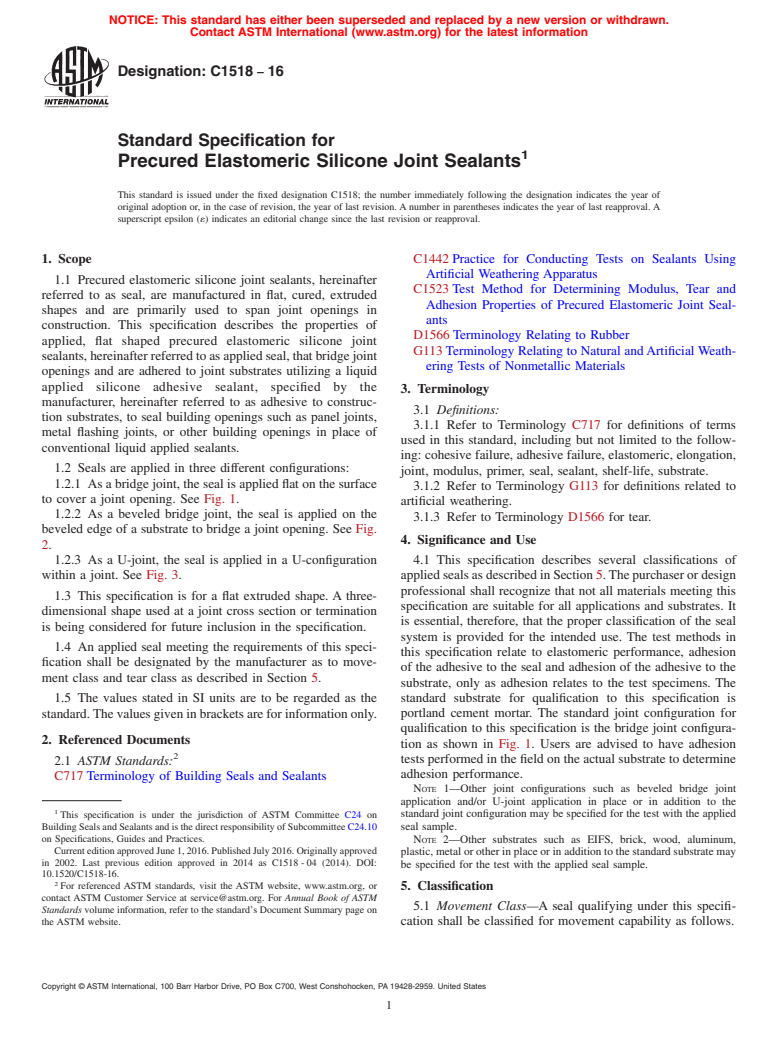 ASTM C1518-16 - Standard Specification for  Precured Elastomeric Silicone Joint Sealants