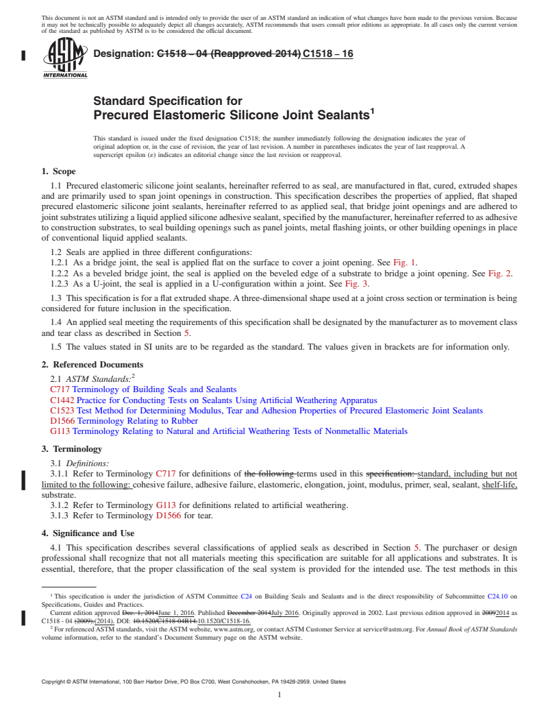 REDLINE ASTM C1518-16 - Standard Specification for  Precured Elastomeric Silicone Joint Sealants