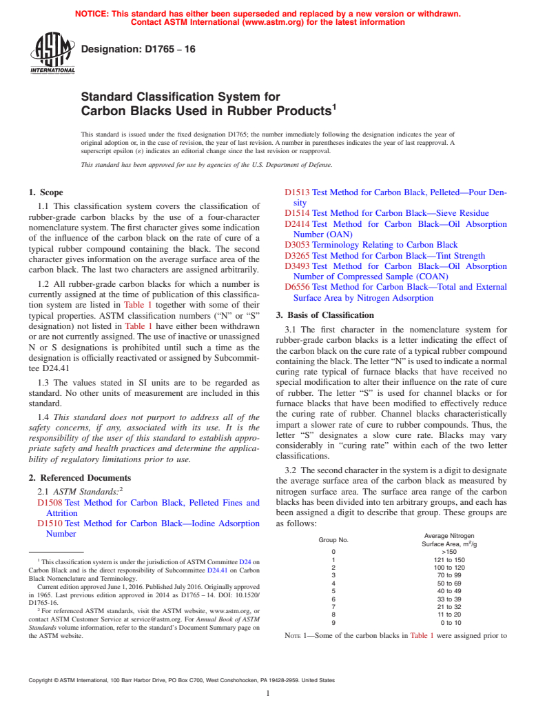 ASTM D1765-16 - Standard Classification System for Carbon Blacks Used in Rubber Products