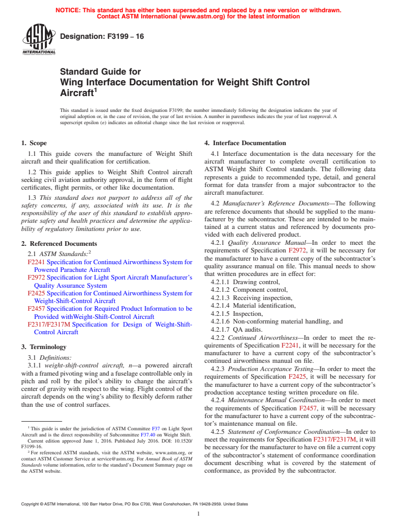 ASTM F3199-16 - Standard Guide for Wing Interface Documentation for Weight Shift Control Aircraft