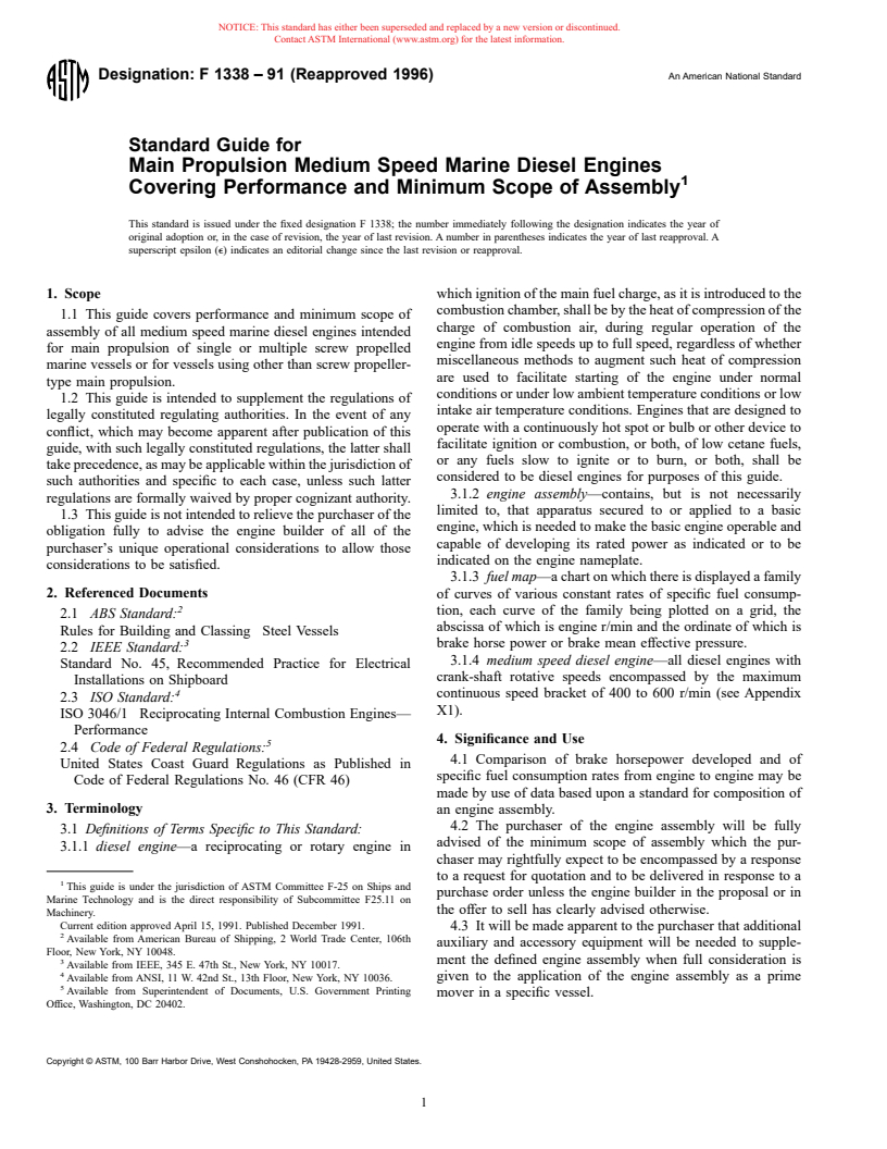 ASTM F1338-91(1996) - Standard Guide for Main Propulsion Medium Speed Marine Diesel Engines Covering Performance and Minimum Scope of Assembly