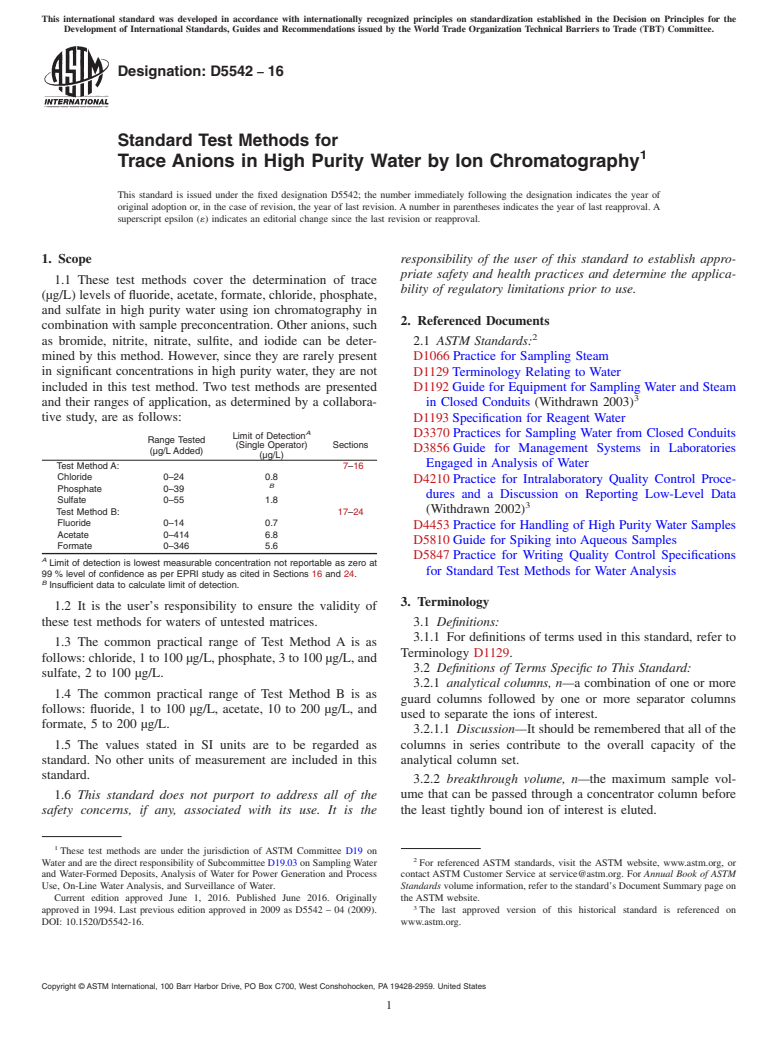ASTM D5542-16 - Standard Test Methods for  Trace Anions in High Purity Water by Ion Chromatography