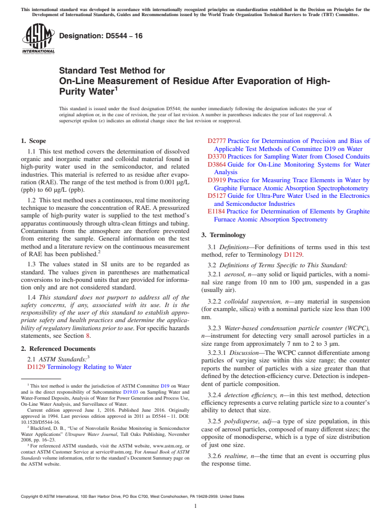 ASTM D5544-16 - Standard Test Method for  On-Line Measurement of Residue After Evaporation of High-Purity   Water