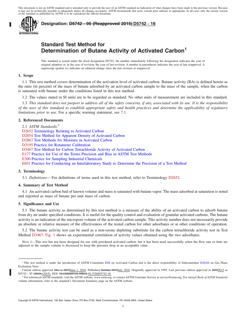 REDLINE ASTM D5742-16 - Standard Test Method for Determination of Butane Activity of Activated Carbon