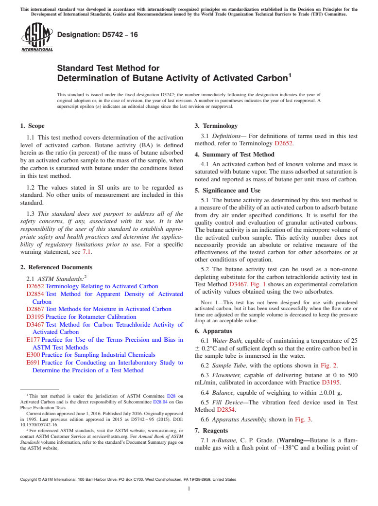 ASTM D5742-16 - Standard Test Method for Determination of Butane Activity of Activated Carbon