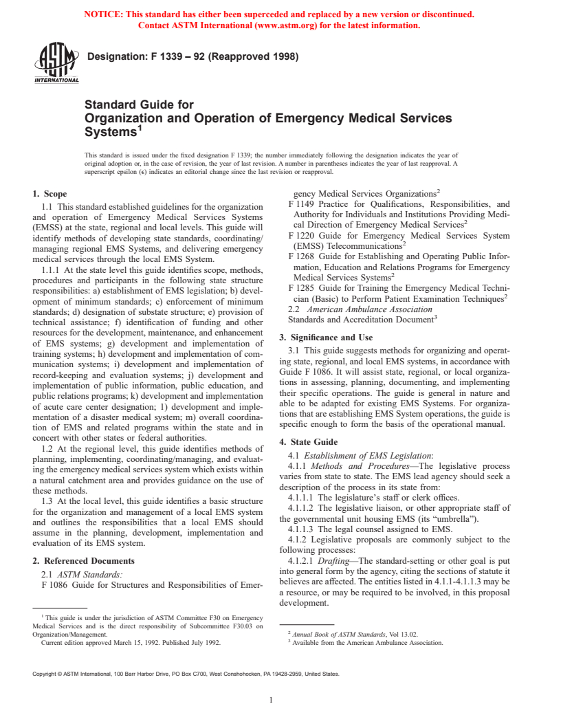 ASTM F1339-92(1998) - Standard Guide for Organization and Operation of Emergency Medical Services Systems