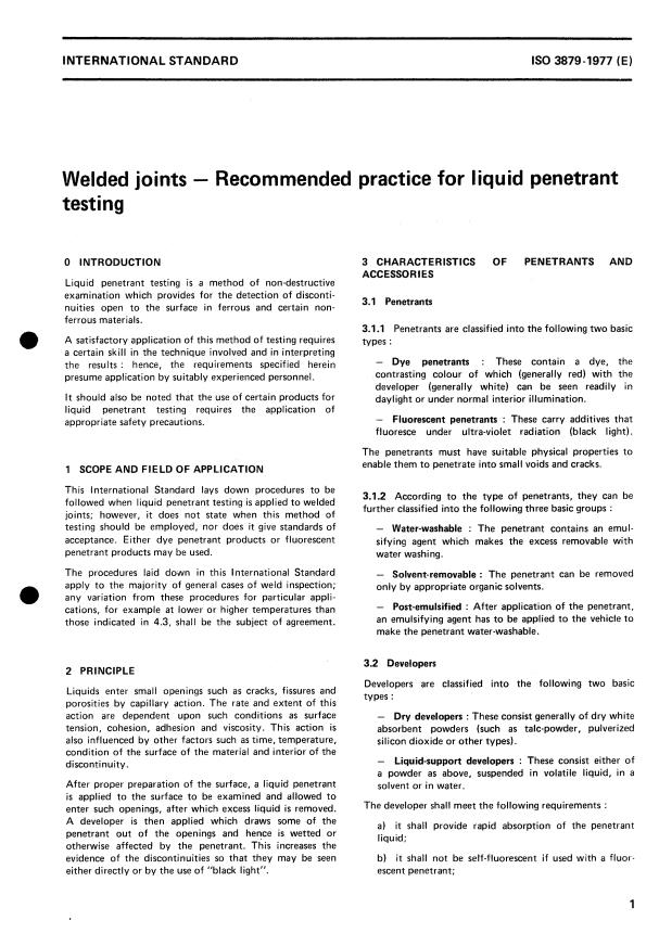 ISO 3879:1977 - Welded joints -- Recommended practice for liquid penetrant testing