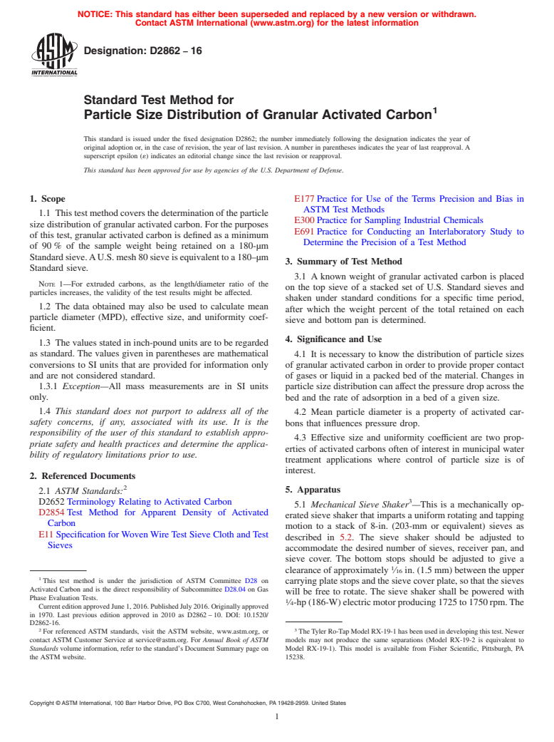 ASTM D2862-16 - Standard Test Method for  Particle Size Distribution of Granular Activated Carbon