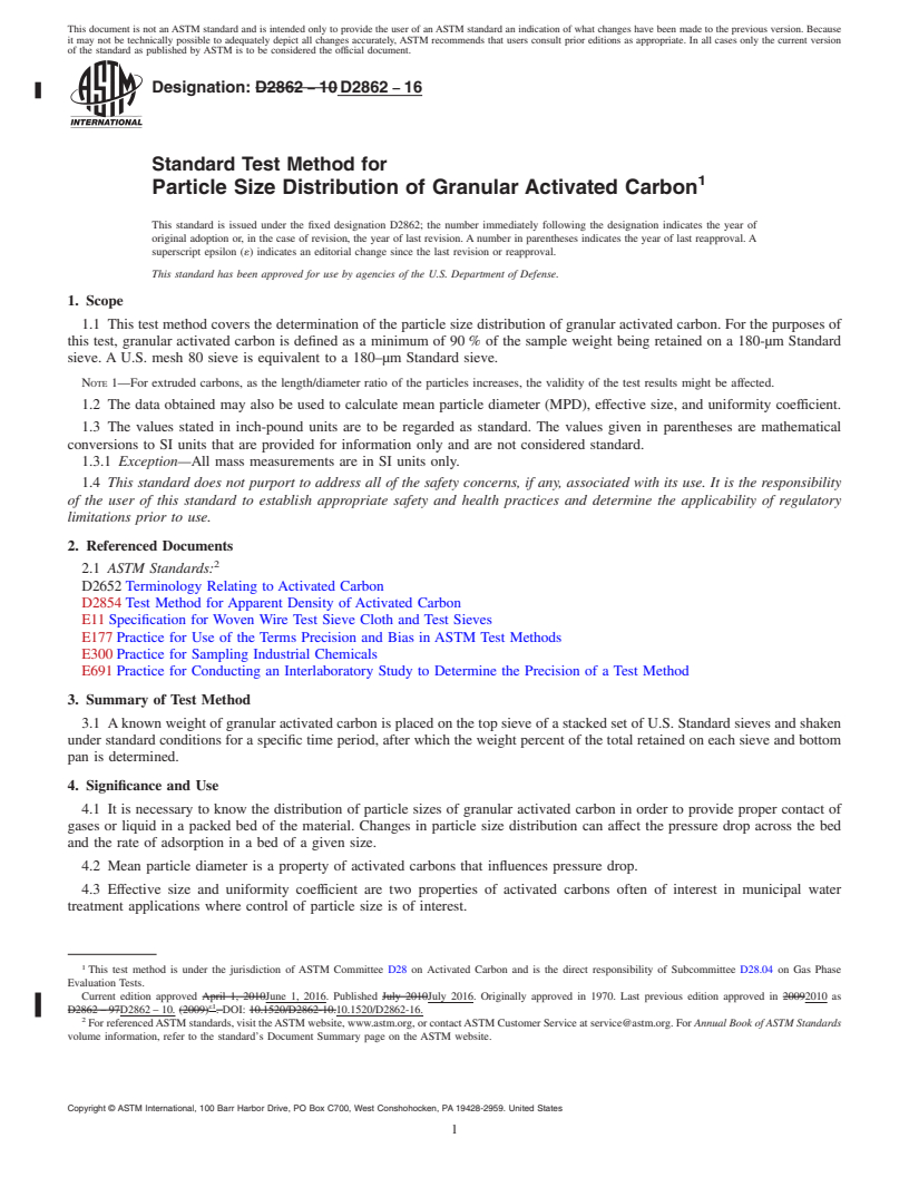 REDLINE ASTM D2862-16 - Standard Test Method for  Particle Size Distribution of Granular Activated Carbon