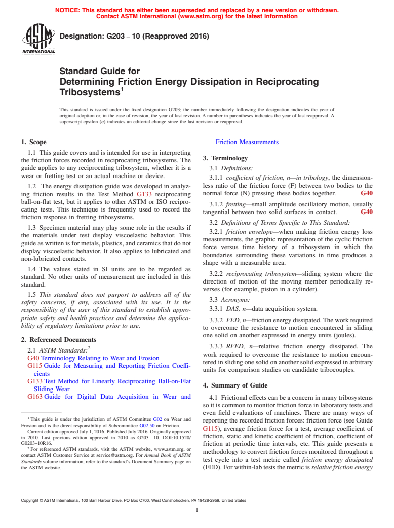 ASTM G203-10(2016) - Standard Guide for  Determining Friction Energy Dissipation in Reciprocating Tribosystems