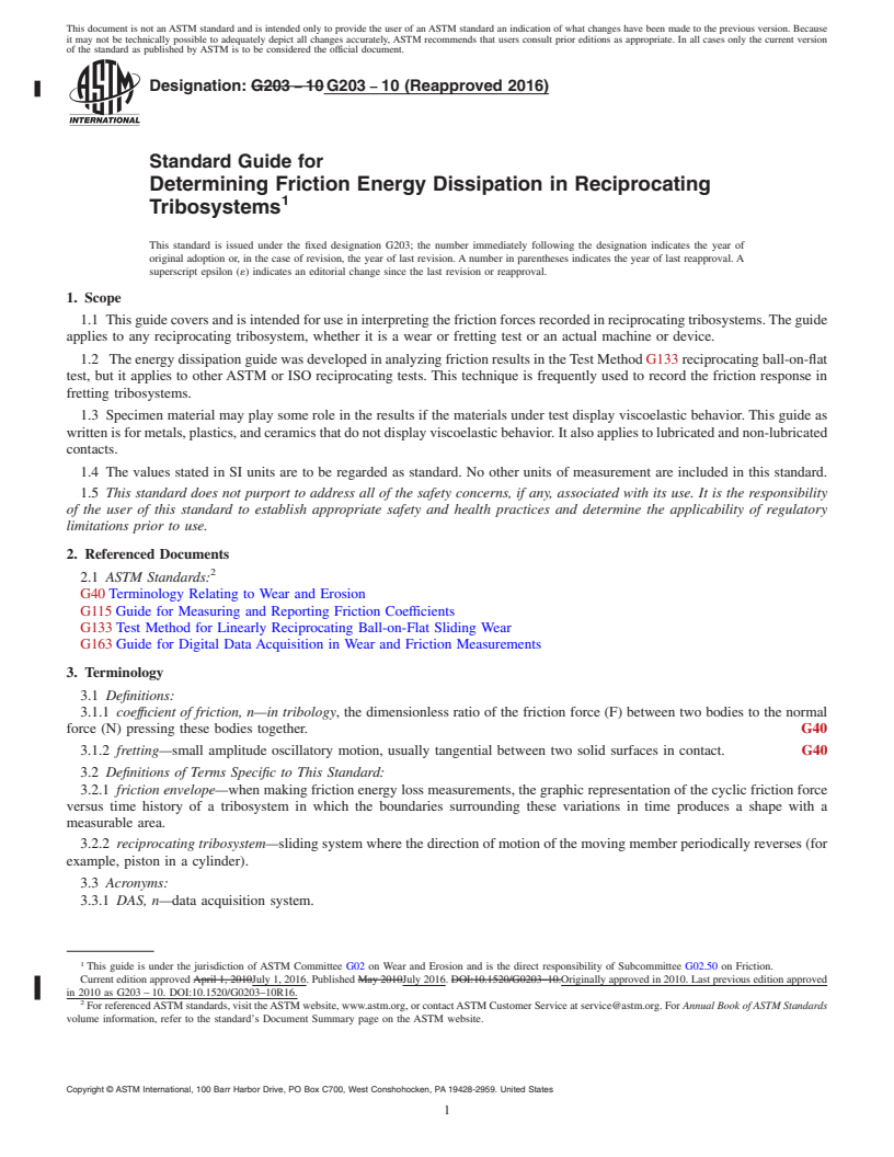 REDLINE ASTM G203-10(2016) - Standard Guide for  Determining Friction Energy Dissipation in Reciprocating Tribosystems