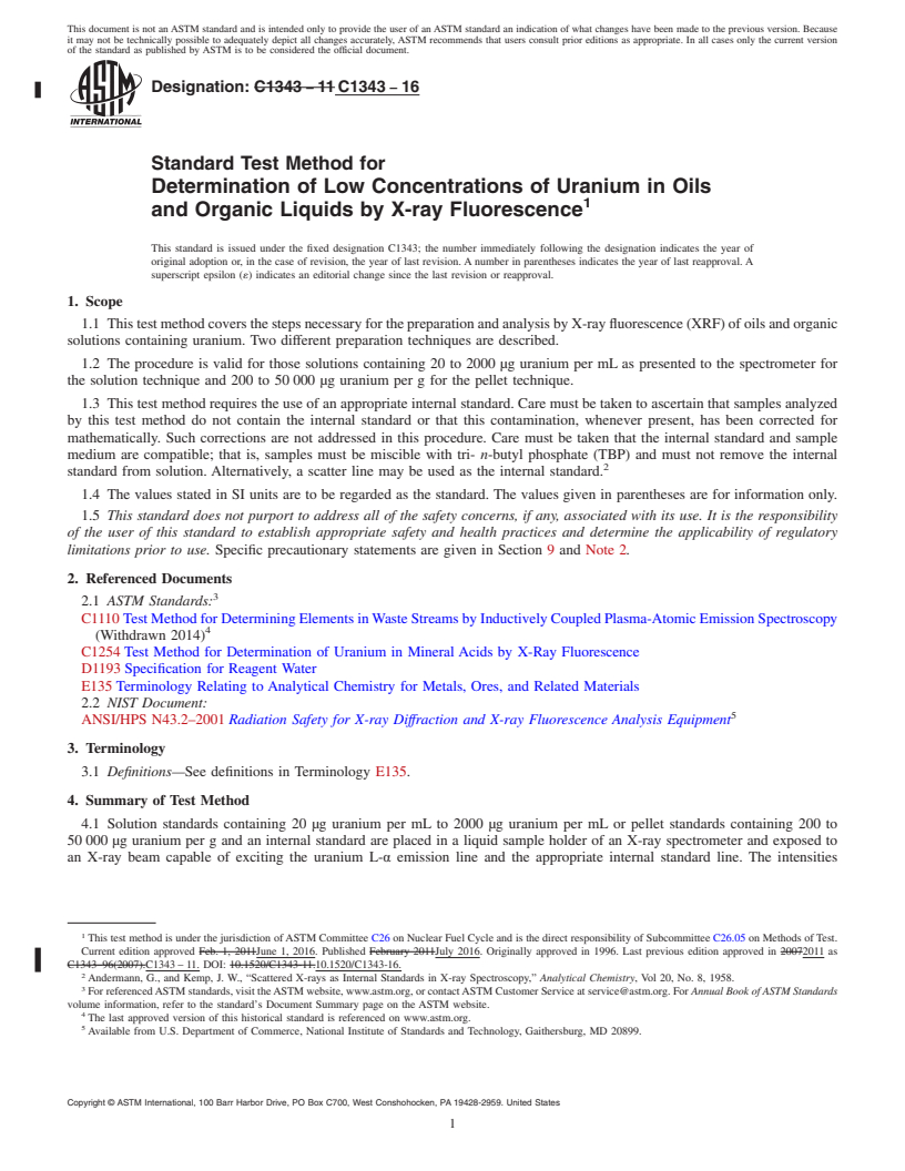 REDLINE ASTM C1343-16 - Standard Test Method for  Determination of Low Concentrations of Uranium in Oils and  Organic Liquids by X-ray Fluorescence