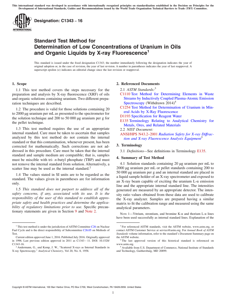 ASTM C1343-16 - Standard Test Method for  Determination of Low Concentrations of Uranium in Oils and  Organic Liquids by X-ray Fluorescence