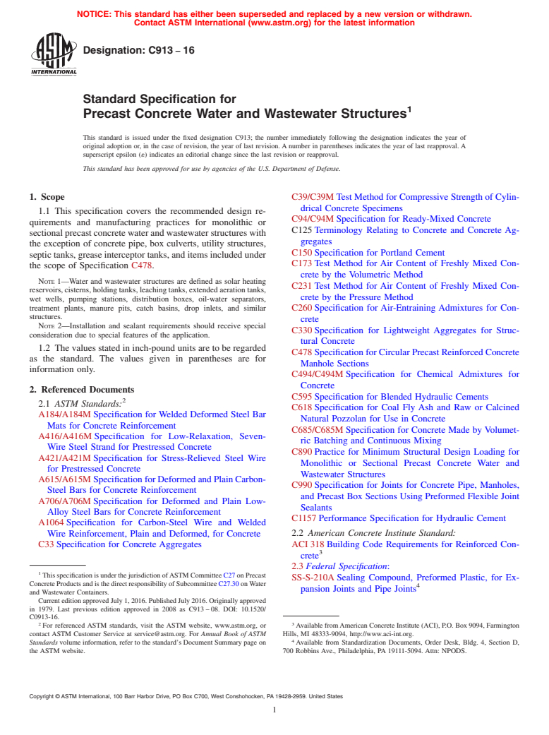 ASTM C913-16 - Standard Specification for  Precast Concrete Water and Wastewater Structures