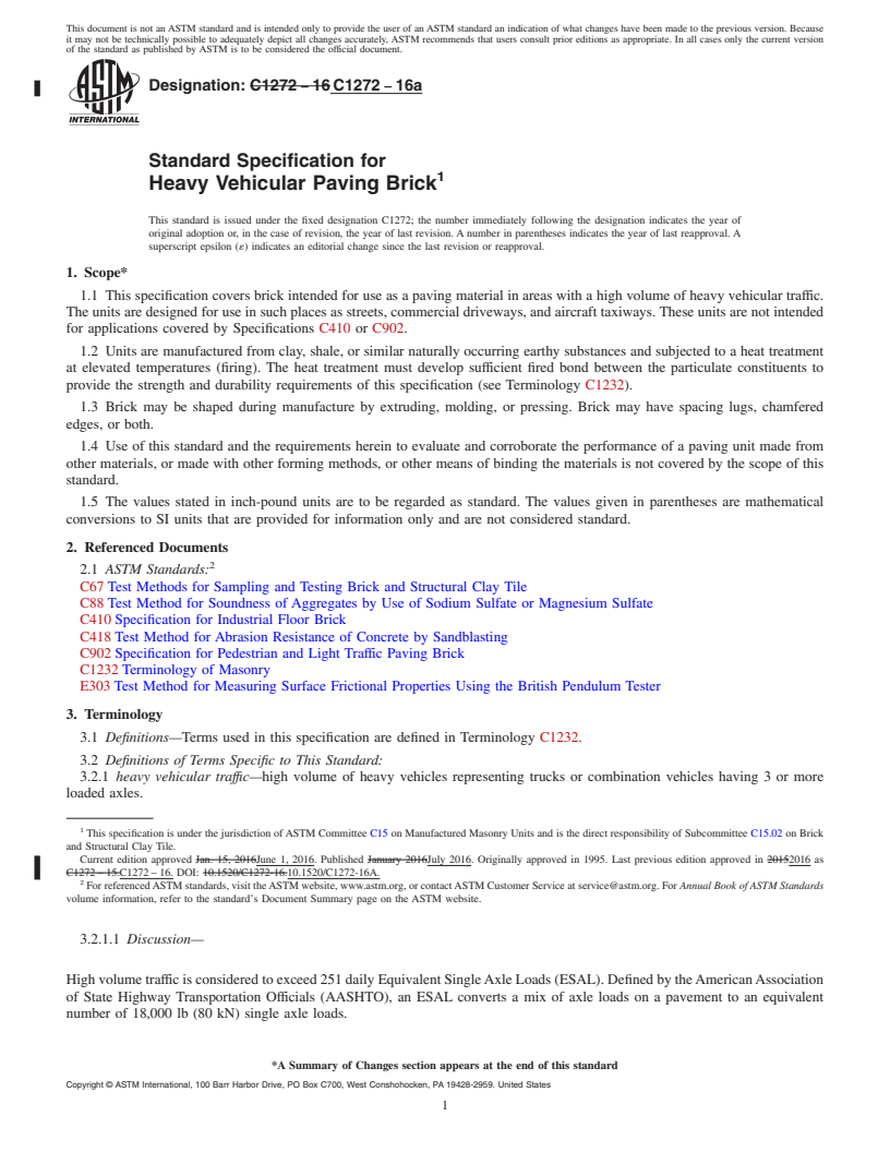 REDLINE ASTM C1272-16a - Standard Specification for  Heavy Vehicular Paving Brick