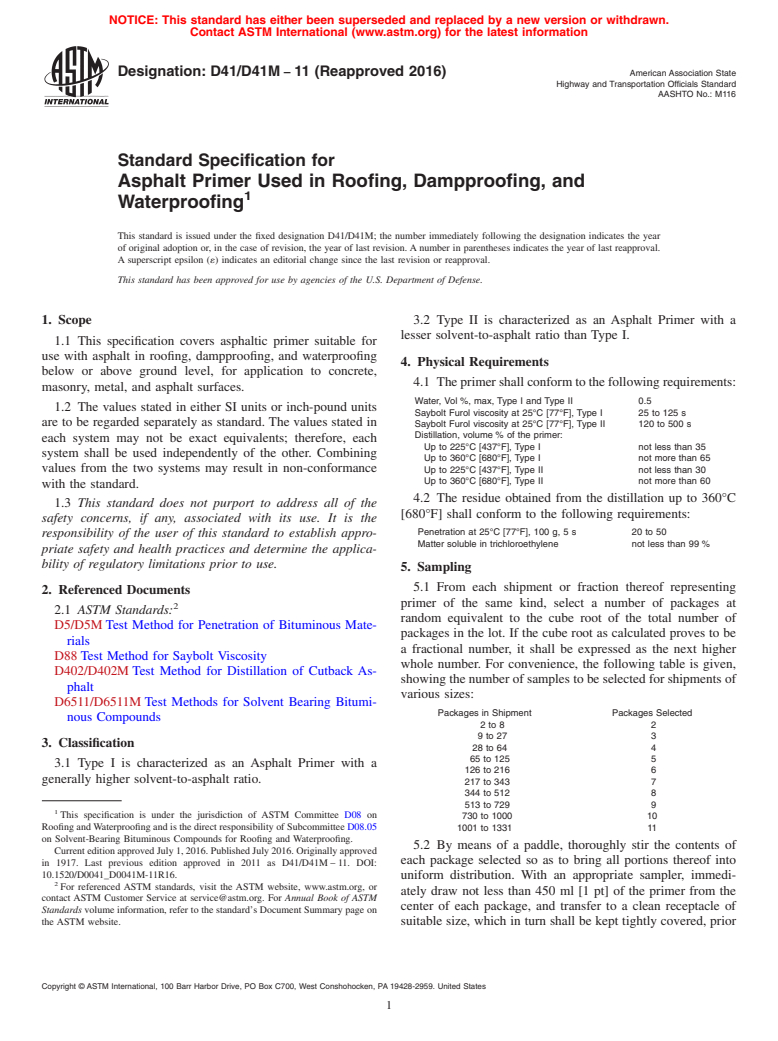 ASTM D41/D41M-11(2016) - Standard Specification for  Asphalt Primer Used in Roofing, Dampproofing, and Waterproofing