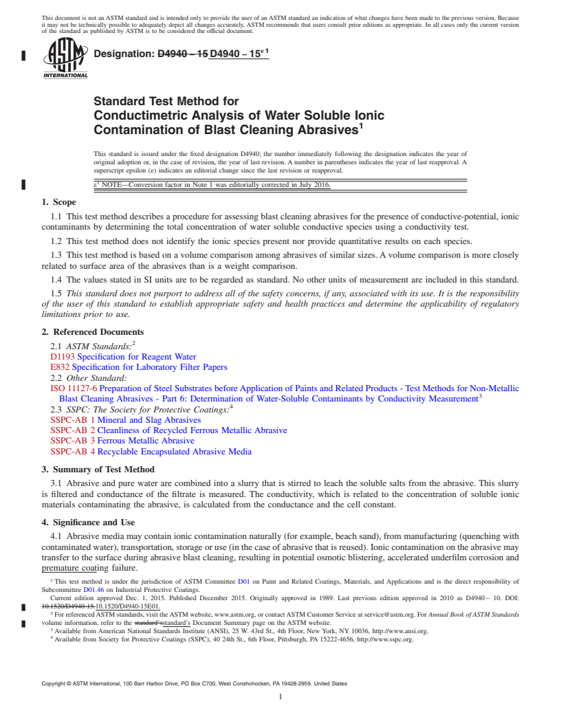 REDLINE ASTM D4940-15e1 - Standard Test Method for Conductimetric Analysis of Water Soluble Ionic Contamination   of Blast Cleaning Abrasives