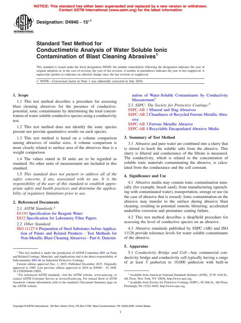 ASTM D4940-15e1 - Standard Test Method for Conductimetric Analysis of Water Soluble Ionic Contamination   of Blast Cleaning Abrasives